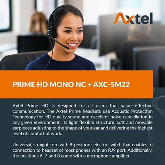 Axtel HD Mono NC with AXC-SM22 RJ-9 Cable - Headset for desk phones.